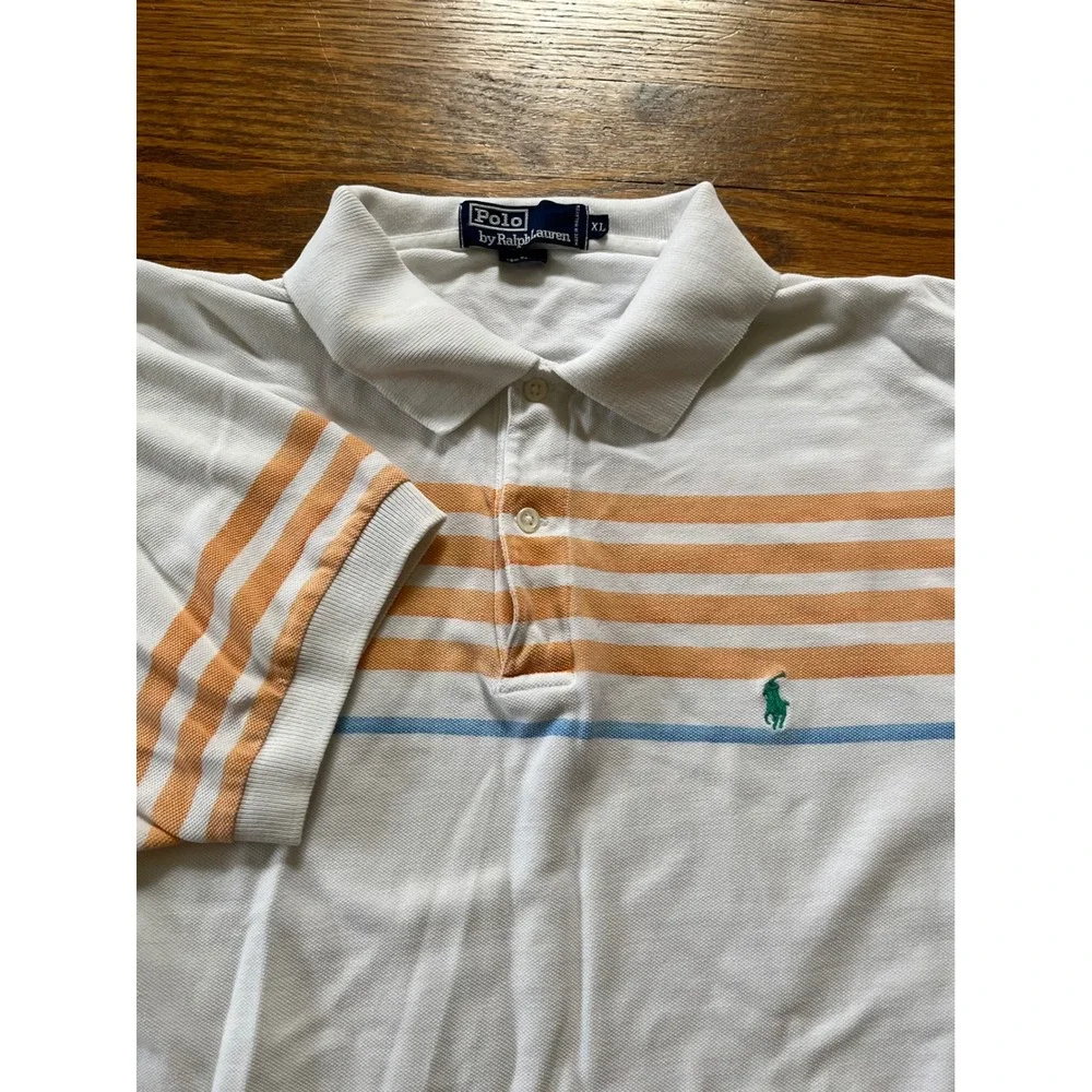 Polo Ralph Lauren Mens XL White Orange Blue Striped Pique Cotton Polo Shirt